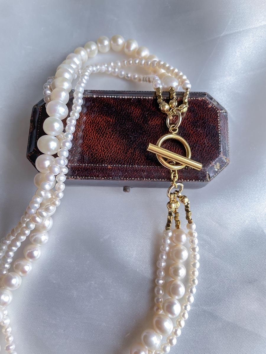 淡水パール 3連 ネックレス ゴールド マンテル ネックレス