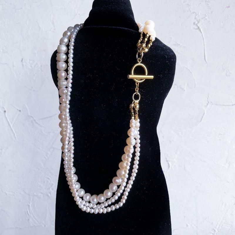14K 淡水パール　3連ネックレス　ヴィンテージ 淡水パール 3連 ネックレス ゴールド マンテル ネックレス