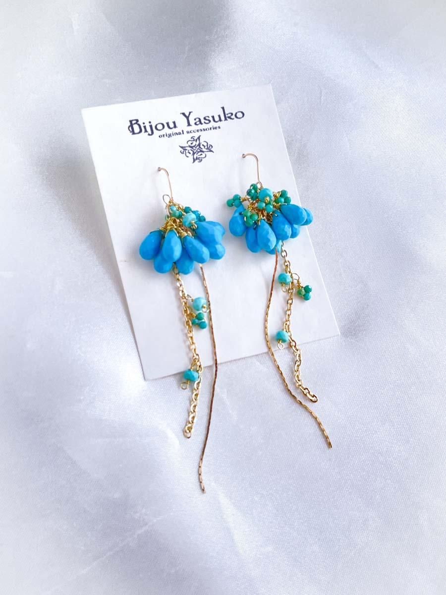 天然石 ピアス ターコイズ ブルー イヤリング ゴールド フラワー