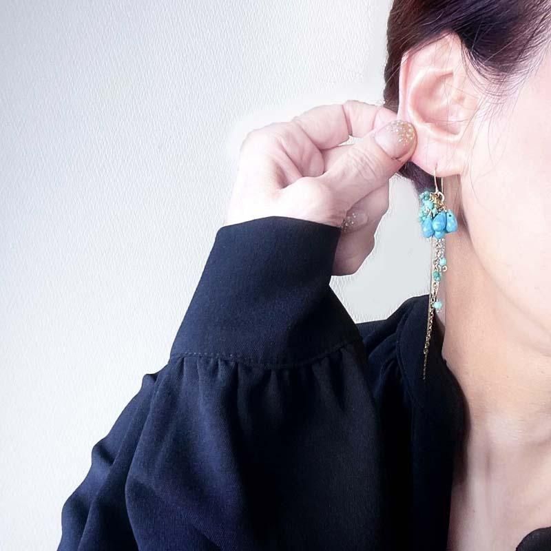 ダークブルー　自然石のイヤリング Amazon.co.jp: ターコイズブルーピンククォーツブルーアクア