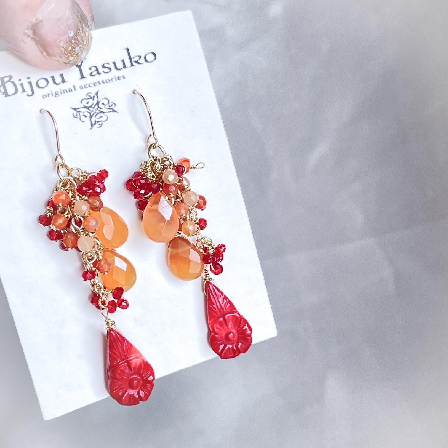 天然石☆ロンギド産ルビー×カーネリアンアゲートの真っ赤な秋のピアス14kgf 天然石☆ロンギド産ルビー×カーネリアンアゲートの真っ赤な秋の