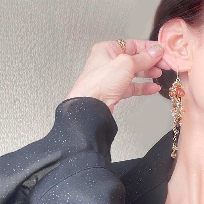 オレンジ サンストーン ピアス・イヤリング 揺れる 天然石 サン