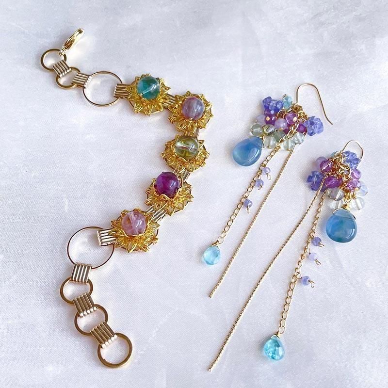 フローライト ピアス アパタイト 青 天然石 イヤリング 揺れる