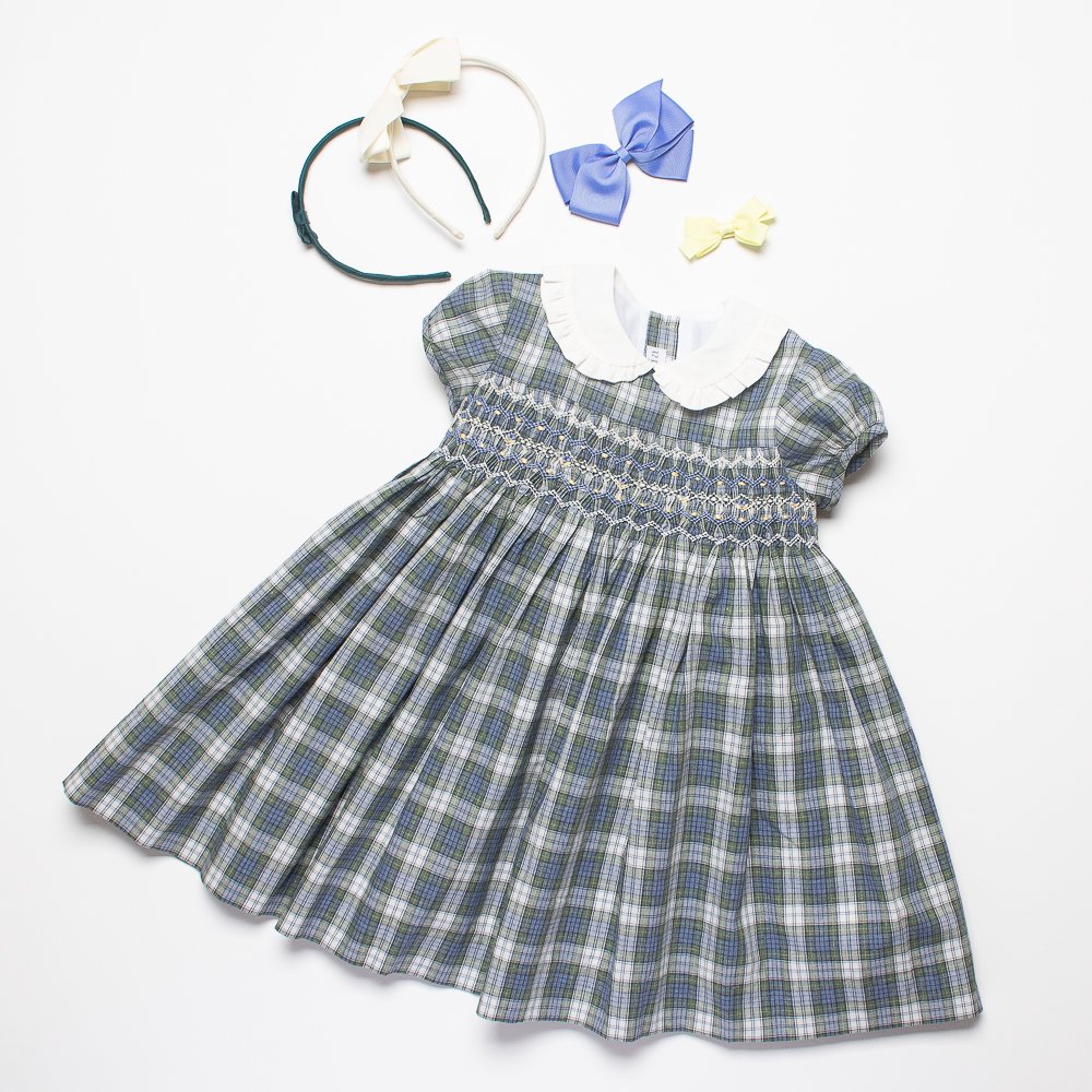 Amaia Kids - Shirley dress - Blue/Green tartan アマイアキッズ - チェック柄スモッキング刺繍ワンピース