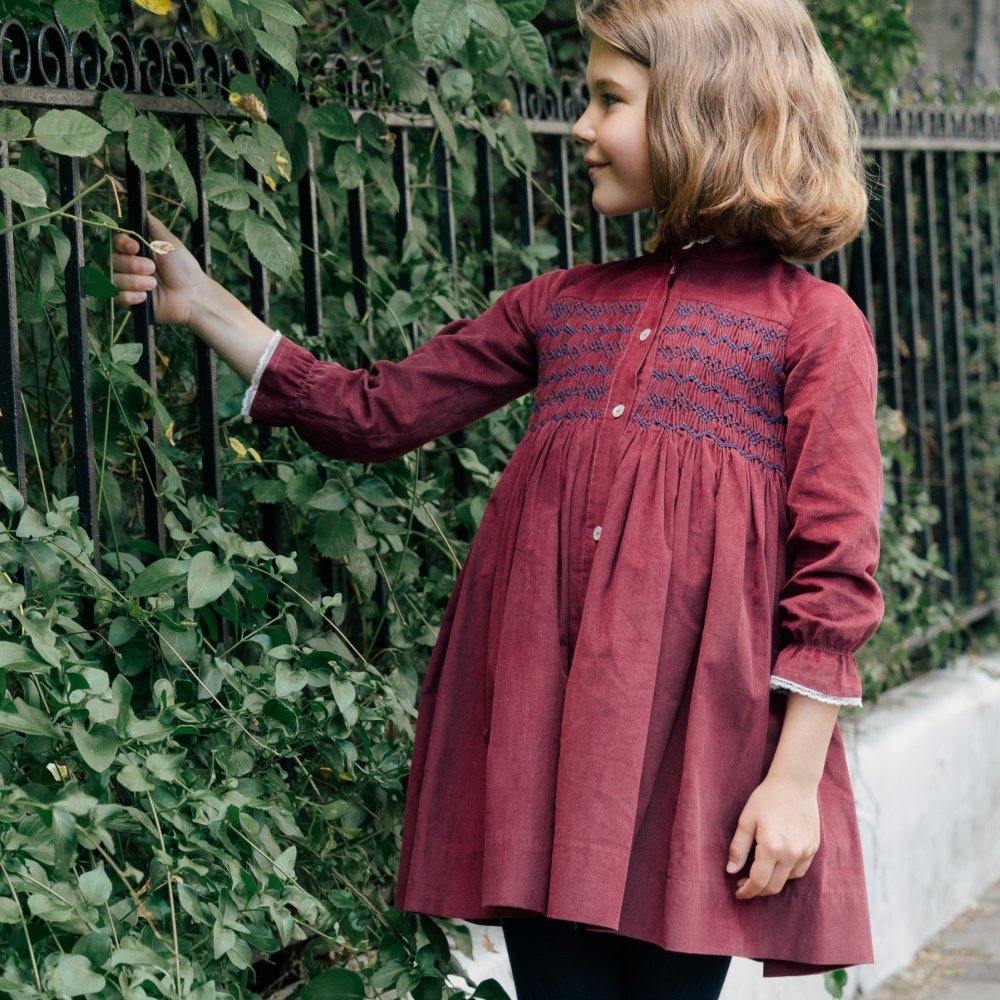 Amaia Kids - Ines dress - Burgundy アマイアキッズ - スモック刺繍 