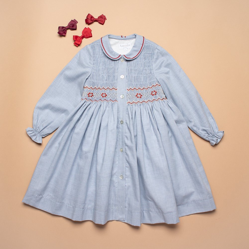 <img class='new_mark_img1' src='https://img.shop-pro.jp/img/new/icons14.gif' style='border:none;display:inline;margin:0px;padding:0px;width:auto;' />Amaia Kids - Aria dress - Blue mini houndstooth アマイアキッズ - スモッキング刺繍入りワンピース
