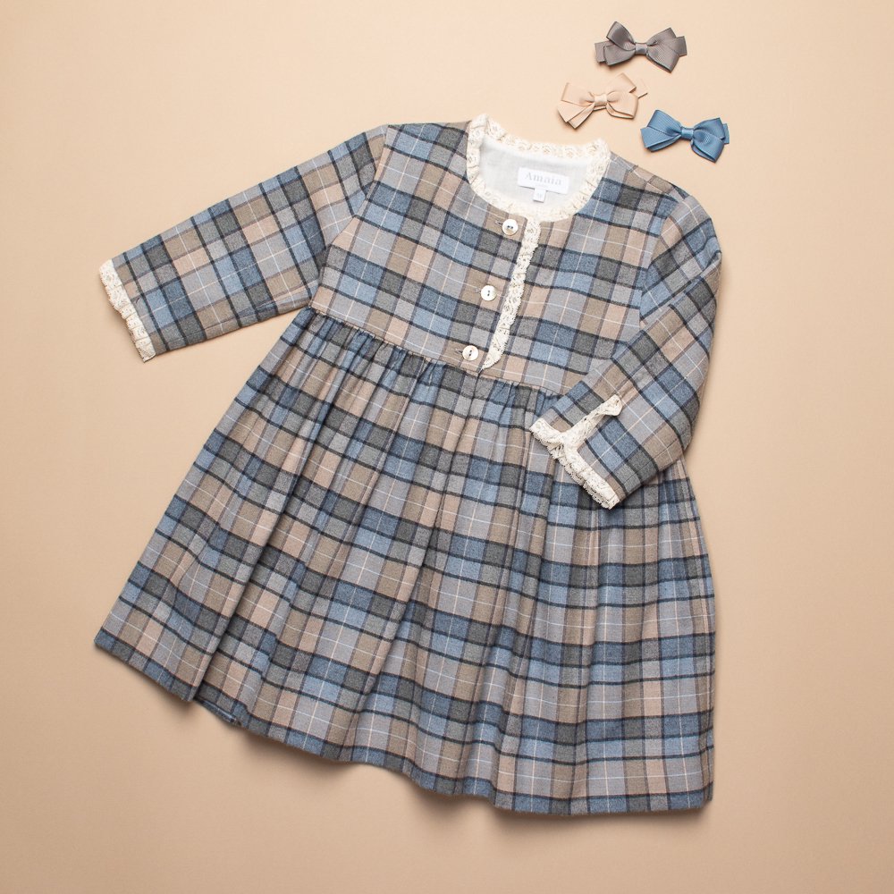 Amaia Kids - Alpaca dress - Beige/Blue tartan アマイアキッズ - カシミア混チェック柄ワンピース