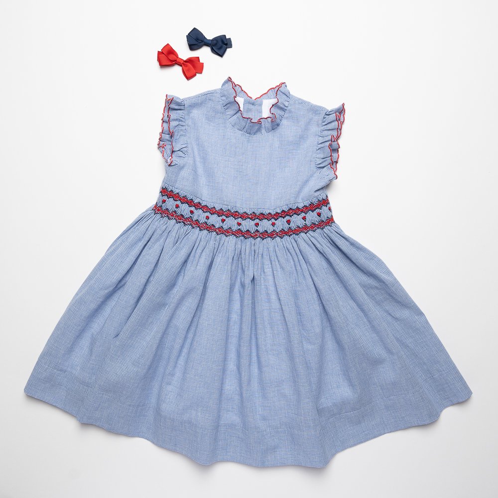 Amaia Kids - Angelina dress - Royal blue houndstooth アマイアキッズ - スモッキング刺繍入りワンピース