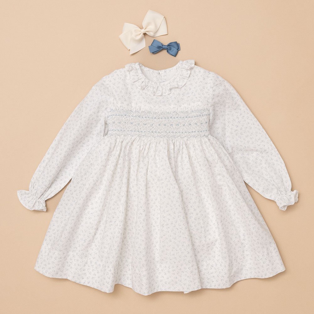 Amaia Kids - Moohren dress - Blue mini flower アマイアキッズ - スモッキング刺繍ワンピース