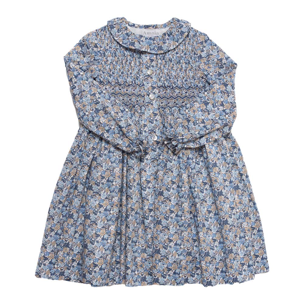 <img class='new_mark_img1' src='https://img.shop-pro.jp/img/new/icons14.gif' style='border:none;display:inline;margin:0px;padding:0px;width:auto;' />Amaia Kids - Aria dress - Liberty Blue/Beige アマイアキッズ - リバティプリントスモック刺繍ワンピース
