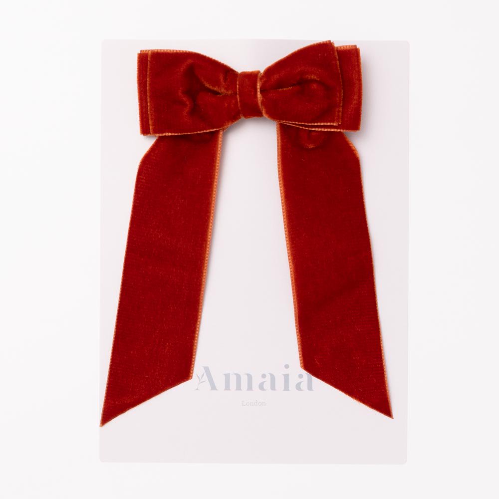 <img class='new_mark_img1' src='https://img.shop-pro.jp/img/new/icons14.gif' style='border:none;display:inline;margin:0px;padding:0px;width:auto;' />Amaia Kids - Velvet Long Tail Hair Bows アマイアキッズ - ベルベット素材ヘアクリップ【Rust】