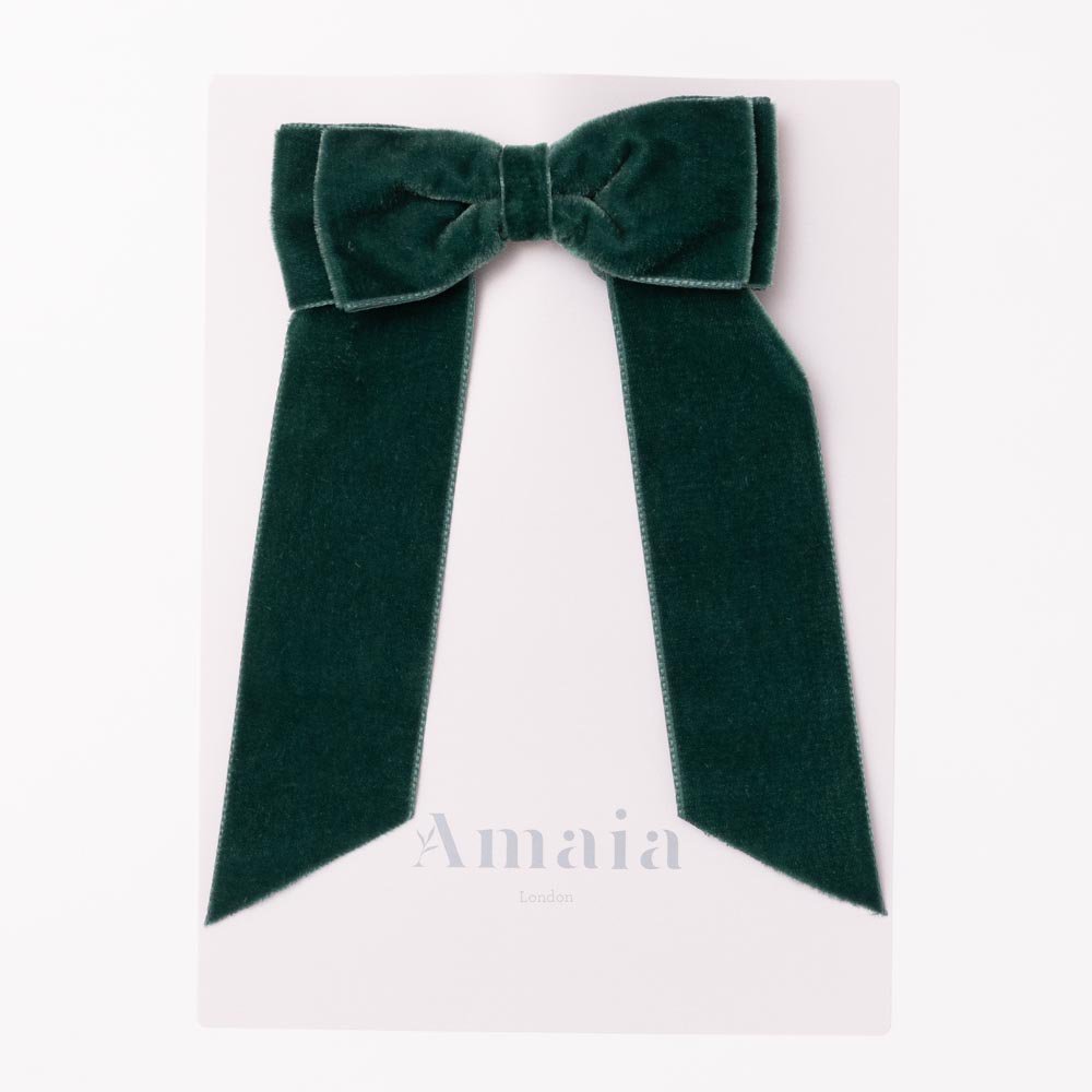 <img class='new_mark_img1' src='https://img.shop-pro.jp/img/new/icons14.gif' style='border:none;display:inline;margin:0px;padding:0px;width:auto;' />Amaia Kids - Velvet Long Tail Hair Bows アマイアキッズ - ベルベット素材ヘアクリップ【Green】