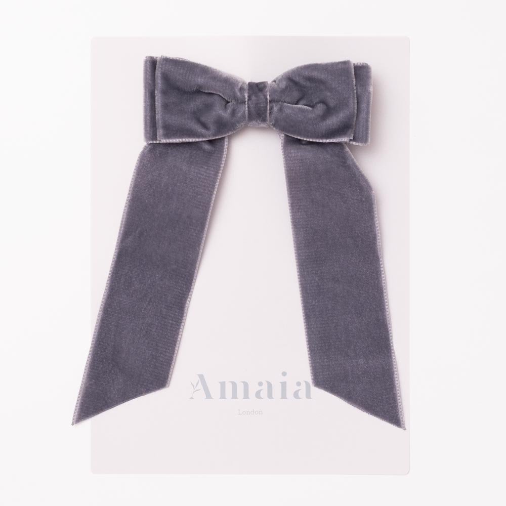 Amaia Kids - Velvet Long Tail Hair Bows アマイアキッズ - ベルベット素材ヘアクリップ【Grey】
