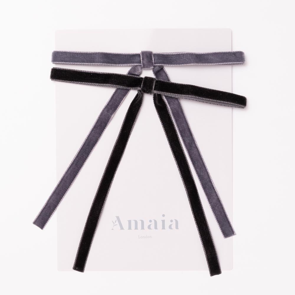 Amaia Kids - Velvet Long Tail Hair Tie アマイアキッズ - ベルベット素材ヘアゴム【Grey/Black】
