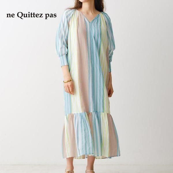 ne Quittez pas / 010451GR1 cotton voil stripe gather neck dress2510