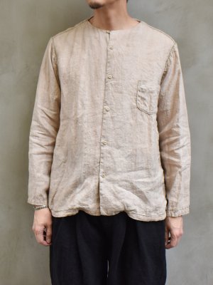 kaval / Blanket stitched no-collar shirt(Medium linen gauze) col.walnut