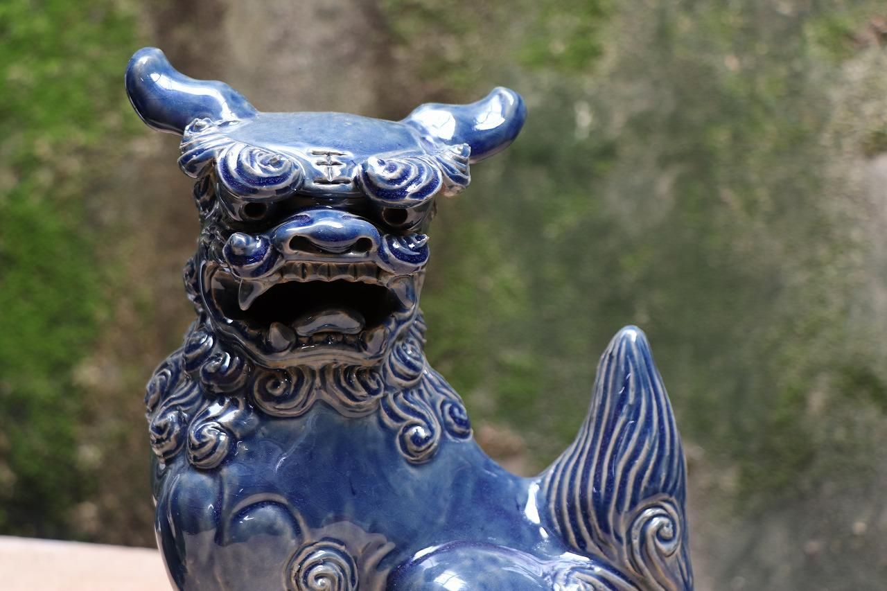 横向25㎝獅子 辰砂ブルー - 育陶園 やちむんの窯元｜沖縄の
