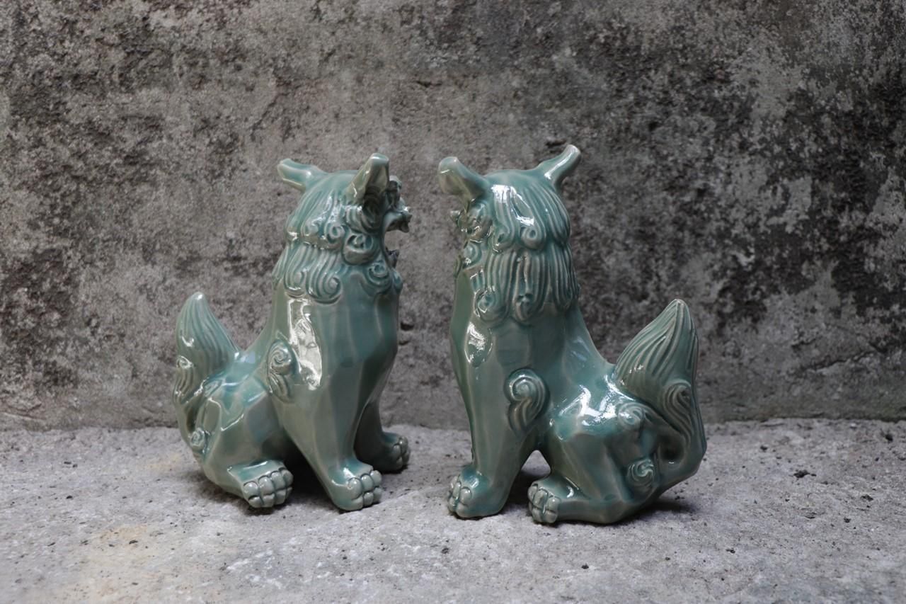 シーサー 沖縄 緑色の陶器製獅子像 2体セット 楽天市場