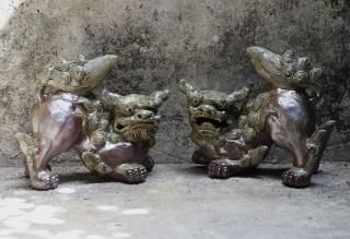 育陶園 やちむん てびねり黒シーサー 2体セット ブラック 新小獅子 |