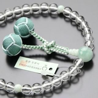 数珠 女性用 約8ミリ 5A´ 本水晶 ビルマ翡翠 2色梵天房 - 高級 数珠 女性用 約8ミリ 5A´ 本水晶 ビルマ翡翠 2色梵天房 - 高級