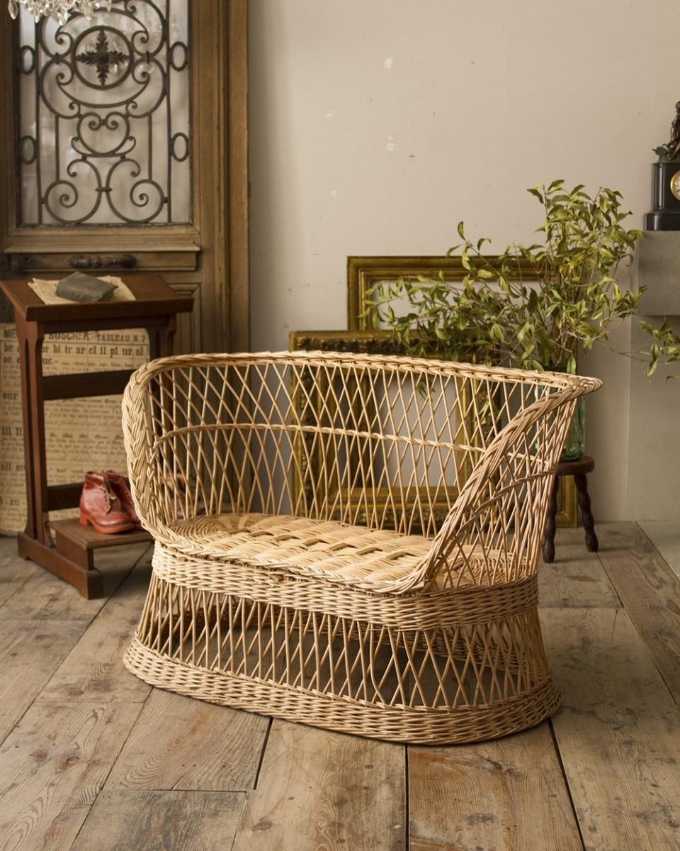 2人掛けラタンソファー 籐ラブソファ 完成品 ファブリック（1335