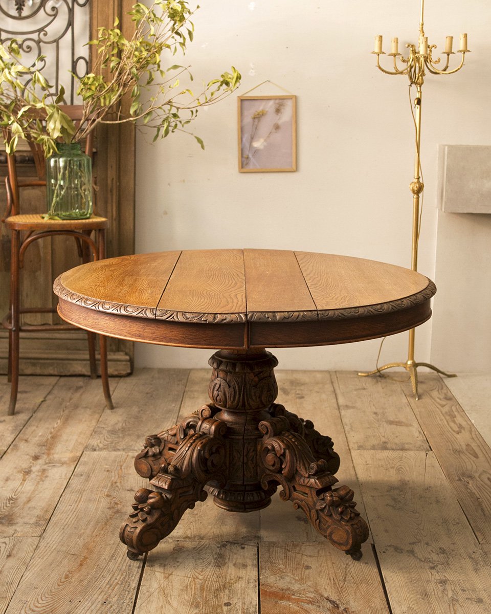 フランス アンティーク Round Oak Table テーブル チェア - ダイニング 