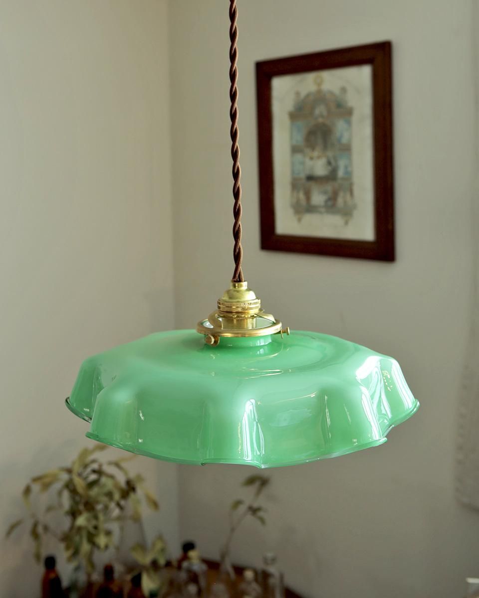 ガラス製ランプシェードフリルガラスグリーン緑アンティーク