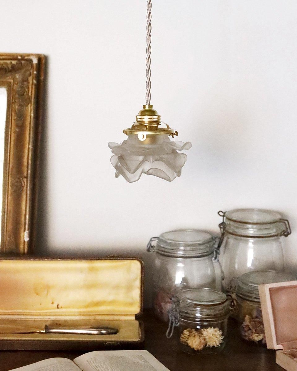 フランスアンティーク フロストガラスシェード ペンダントランプ