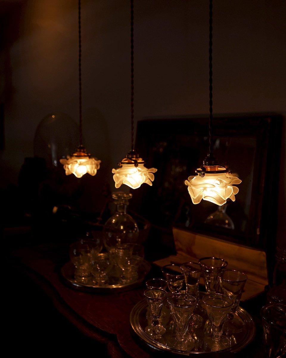 フランスアンティーク フロストガラスシェード ペンダントランプ