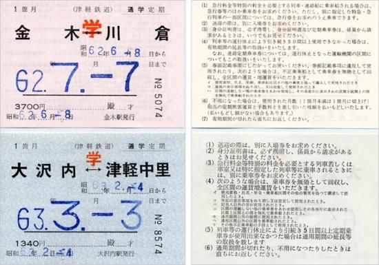 社内常備通学定期券2枚組（旧大沢内駅・金木駅発行） - 津軽鉄道