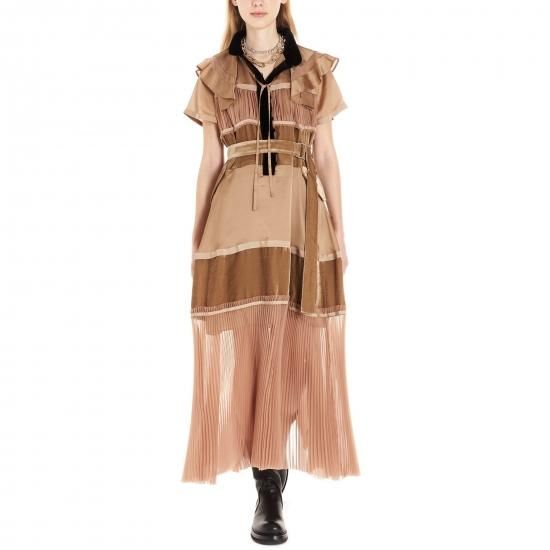 Vipセール Sacai サカイ 異素材ミックス マキシワンピース マキシドレス ベージュ 結婚式 二次会 パーティ