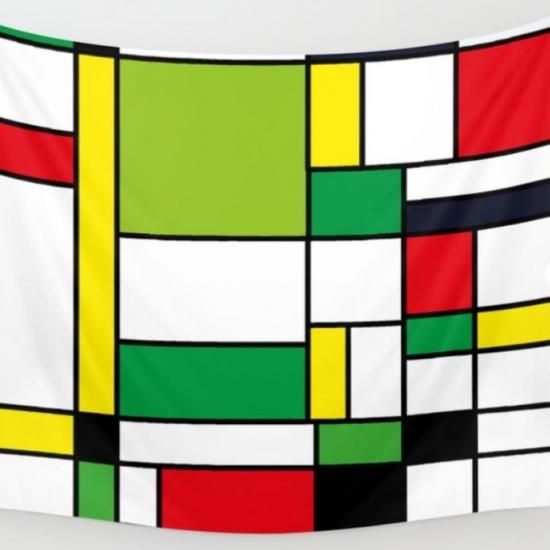 オンライン会議にも Bauhouse Composition Mondrian Style Green アート タペストリー ファブリックポスター パーテーション 目隠し S 130cm X 152cm