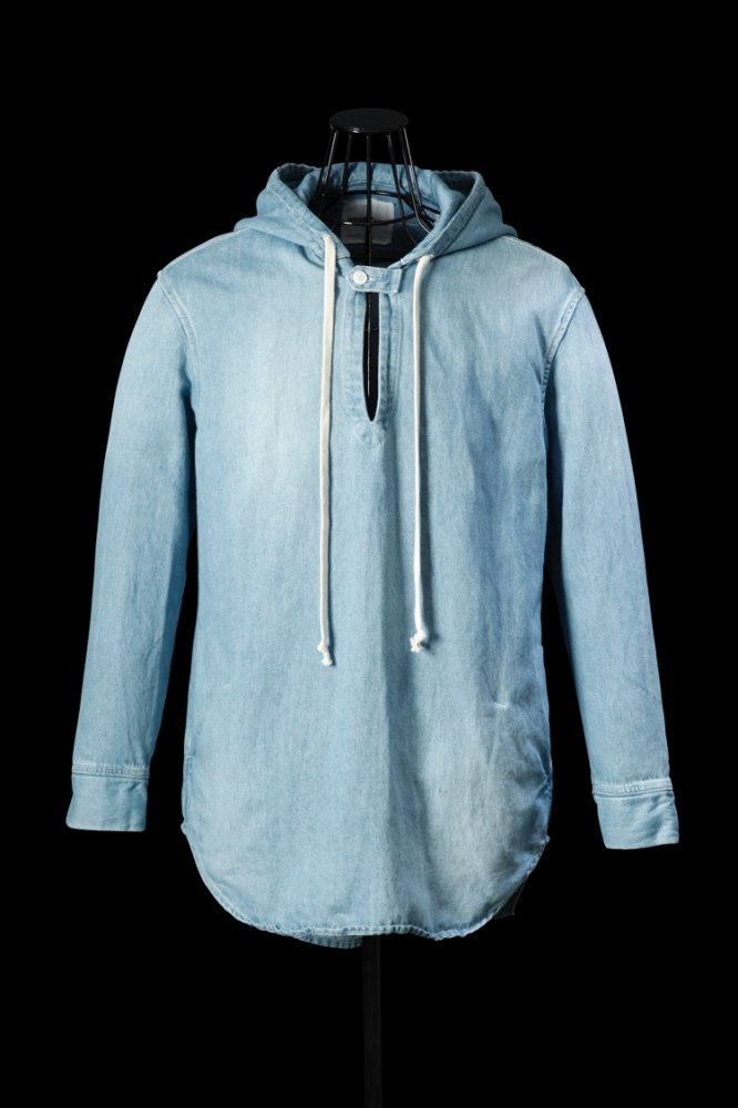 COTTON-LINEN DENIM SKIPPER HOODED SHIRT