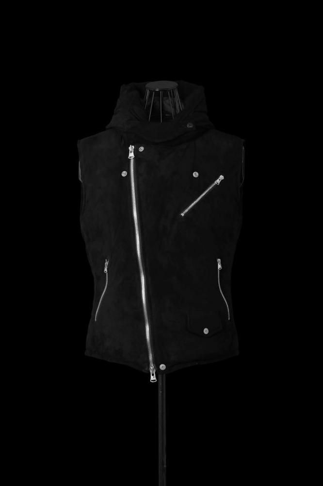 xx NANGA KANGAROO SUEDE POLISH WHITE GOOSE DOWN HOODED RIDERS VESTBLACKSILVER