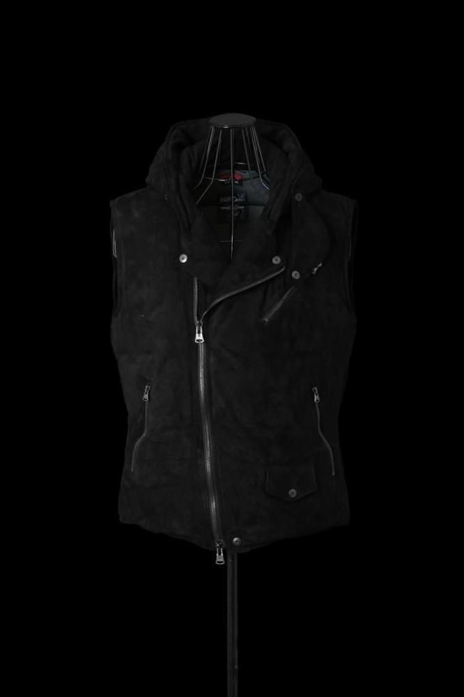 xx NANGA KANGAROO SUEDE POLISH WHITE GOOSE DOWN HOODED RIDERS VESTBLACKBLACK