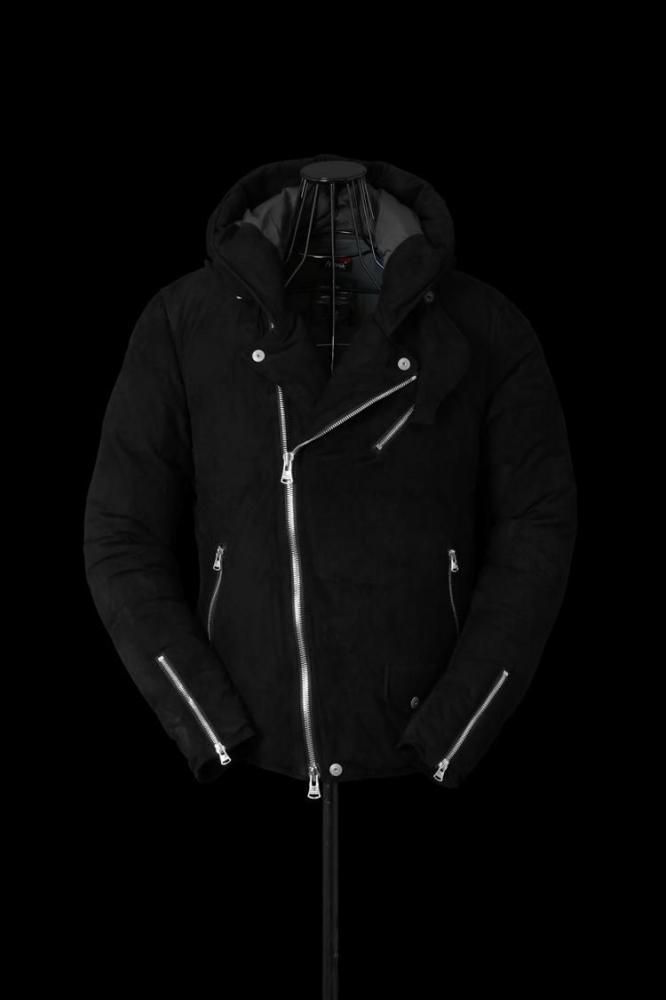 xx NANGA KANGAROO SUEDE POLISH WHITE GOOSE DOWN HOODED RIDERS JACKETBLACKSILVER
