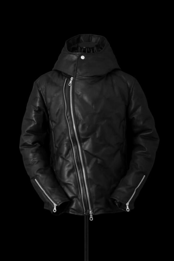 TANNED JAPAN CALF 0.8mm UNEVEN DYED STITCH POLISH WHITE GOOSE DOWN HOODED BLOUSON W