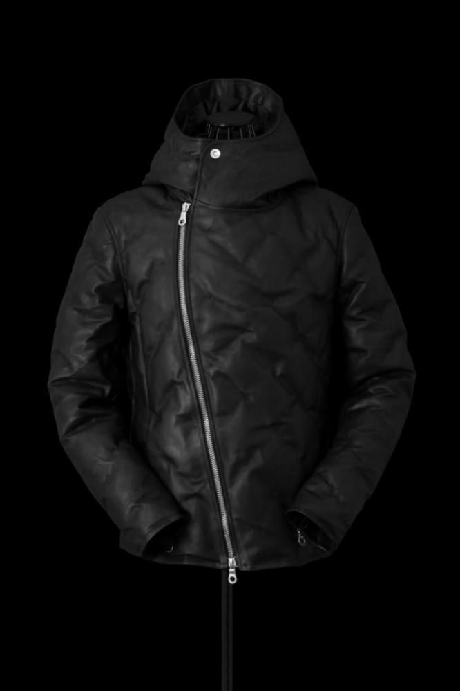 TANNED JAPAN CALF 0.8mm UNEVEN DYED STITCH POLISH WHITE GOOSE DOWN HOODED BLOUSON