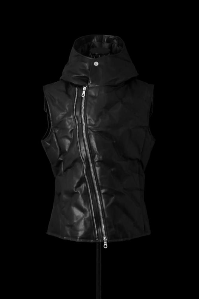 TANNED JAPAN CALF 0.8mm UNEVEN DYED STITCH POLISH WHITE GOOSE DOWN HOODED VEST W 