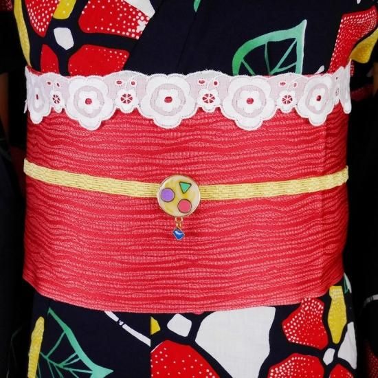 浴衣セット 注染レトロ ポップな花(帯留め付き) -Akarie