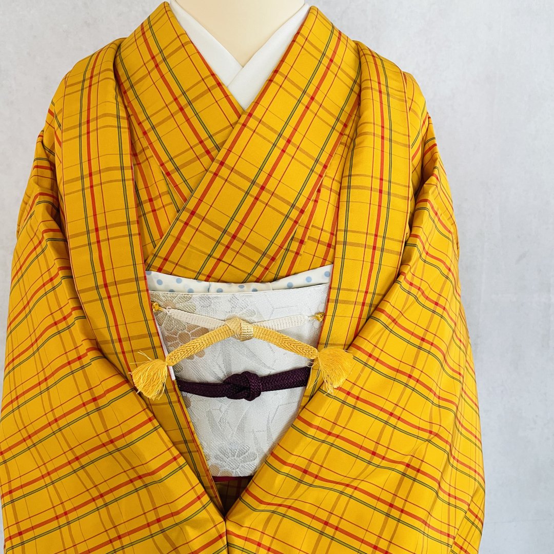 山吹色の格子模様 米沢紬の小紋と羽織のアンサンブルセット