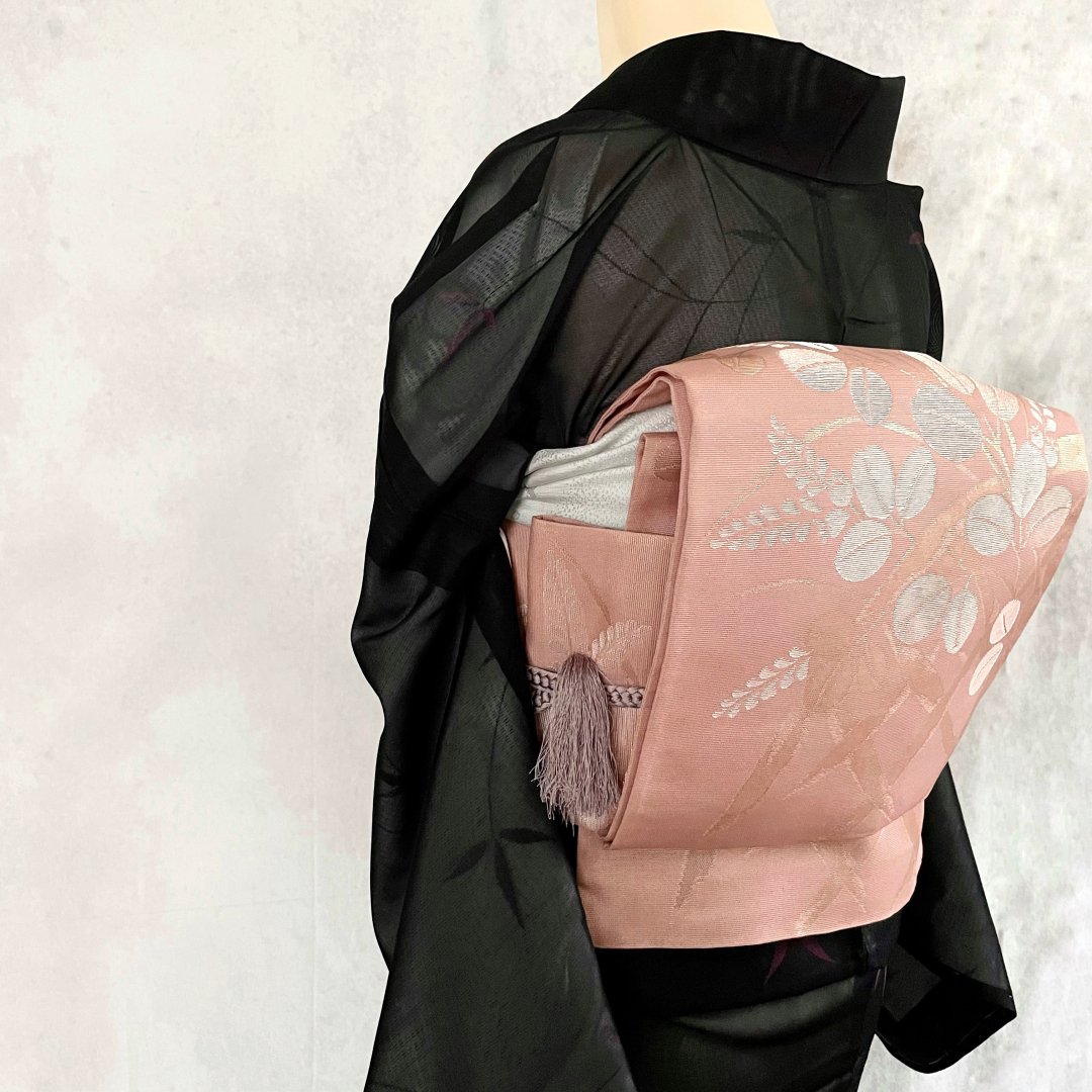 紗・ピンクに萩模様の織り出し袋帯 - アンティーク＆リサイクルキモノ 千すけ 着物ブティック