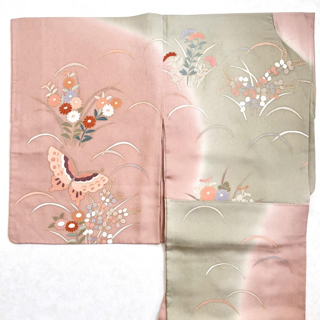 刺繍 友禅 金彩 裄66.5 紋無し素敵なデザイン 付下げ 訪問着T-4565 刺繍 友禅 金彩 裄66.5 紋無し素敵なデザイン 付下げ 訪問着T