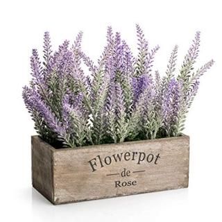 Velener Artificial Potted Plants Lavender for Home Decor Purple Flower Wooden Tr