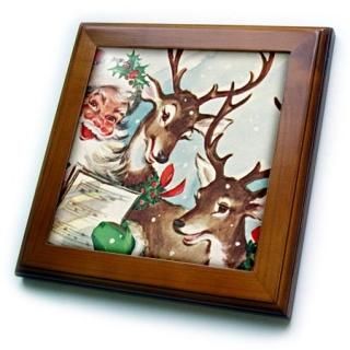 8x8 Framed Tile - 3dRose ft_172198_1 Santa and The Singing Reindeer Vintage Fram