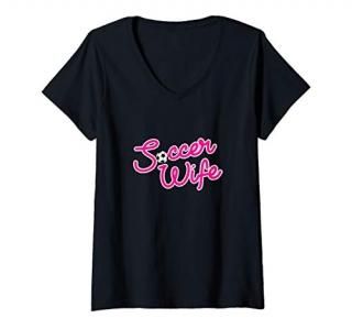 Womens Soccer Wife Woman Girl Cute Pink Script Game Love Graphic V-Neck T-Shirt