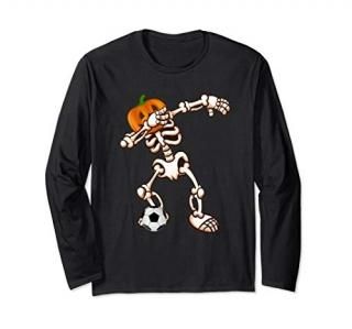 Dabbing Pumpkin Skeleton Soccer Halloween Costume Girls Boys Long Sleeve T-Shirt