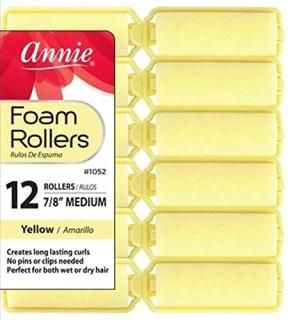 Annie Salon Style Medium Foam Hair Rollers - 7/8 Yellow - 12 Piece Set - Soft He