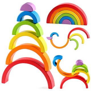 Lewo Wooden Rainbow Stacker Nesting Puzzle Blocks Educational Toys for Kids Baby
