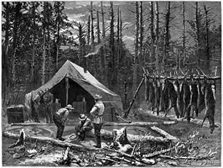 Hunting Deer 1874 NA Deer Camp in The Michigan Woods Engraving from A Photograph